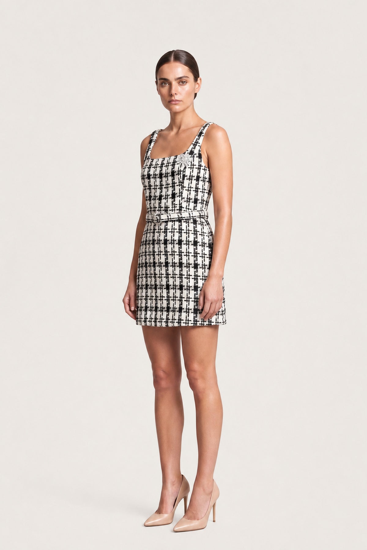 Brooch Detail Tweed Mini Dress In Monochrome