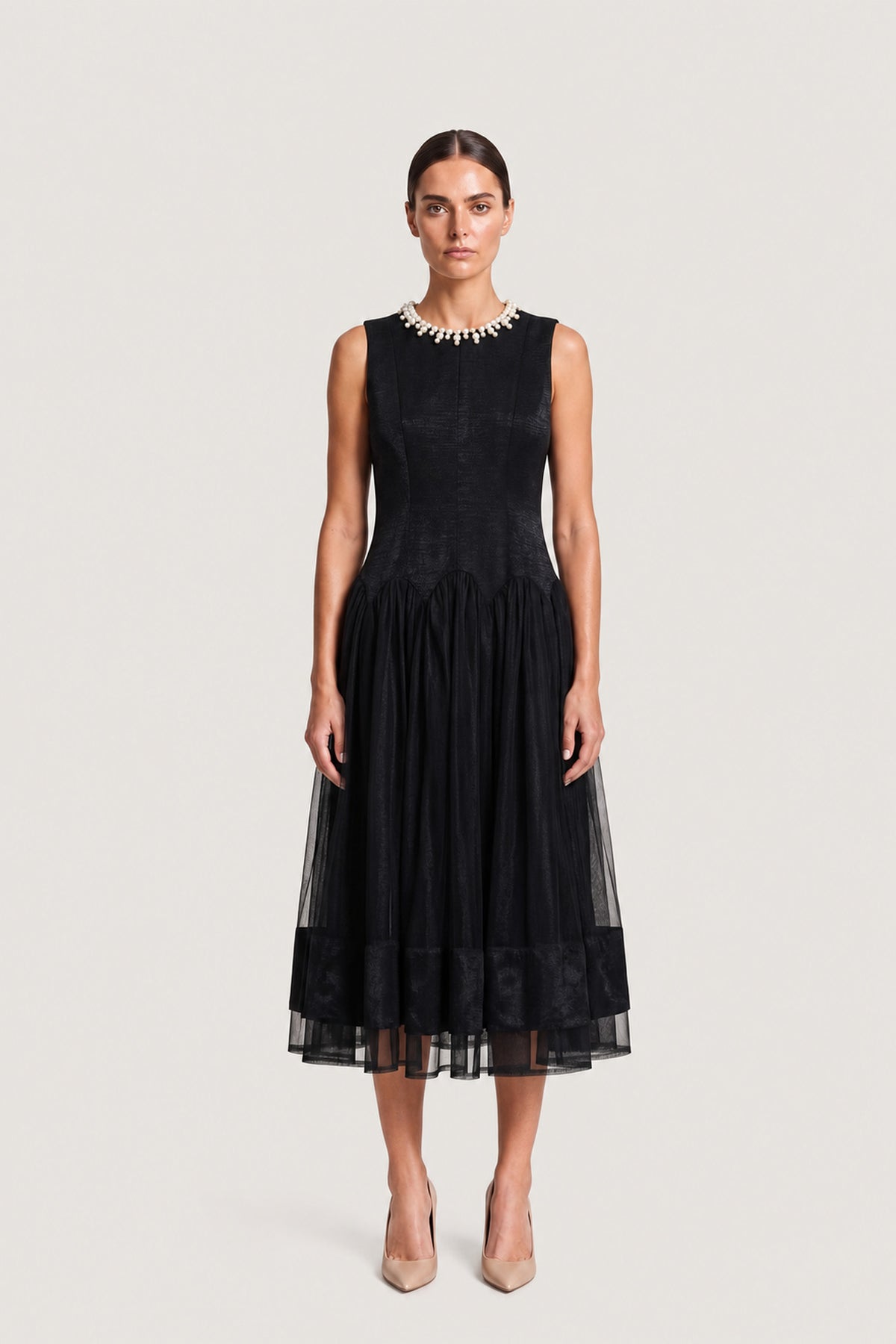 Pleated Tulle Midi Dress In Black