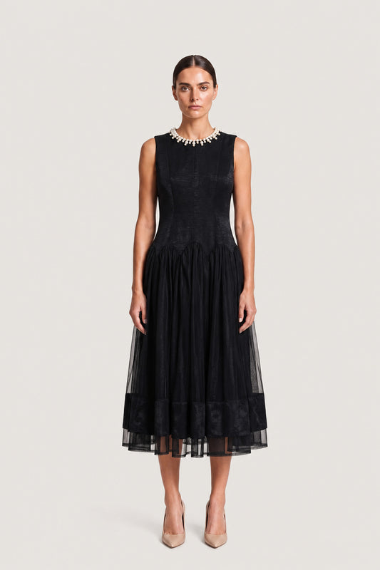 Pleated Tulle Midi Dress In Black