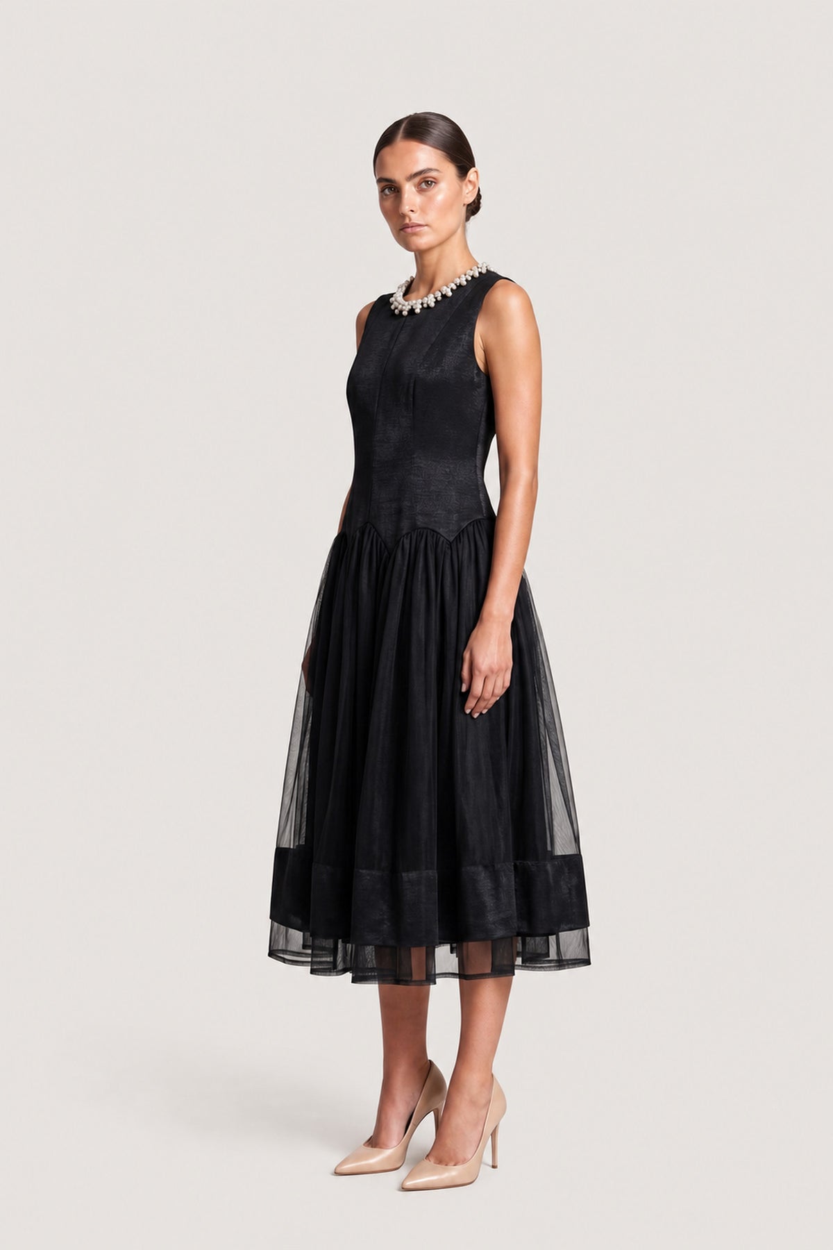 Pleated Tulle Midi Dress In Black