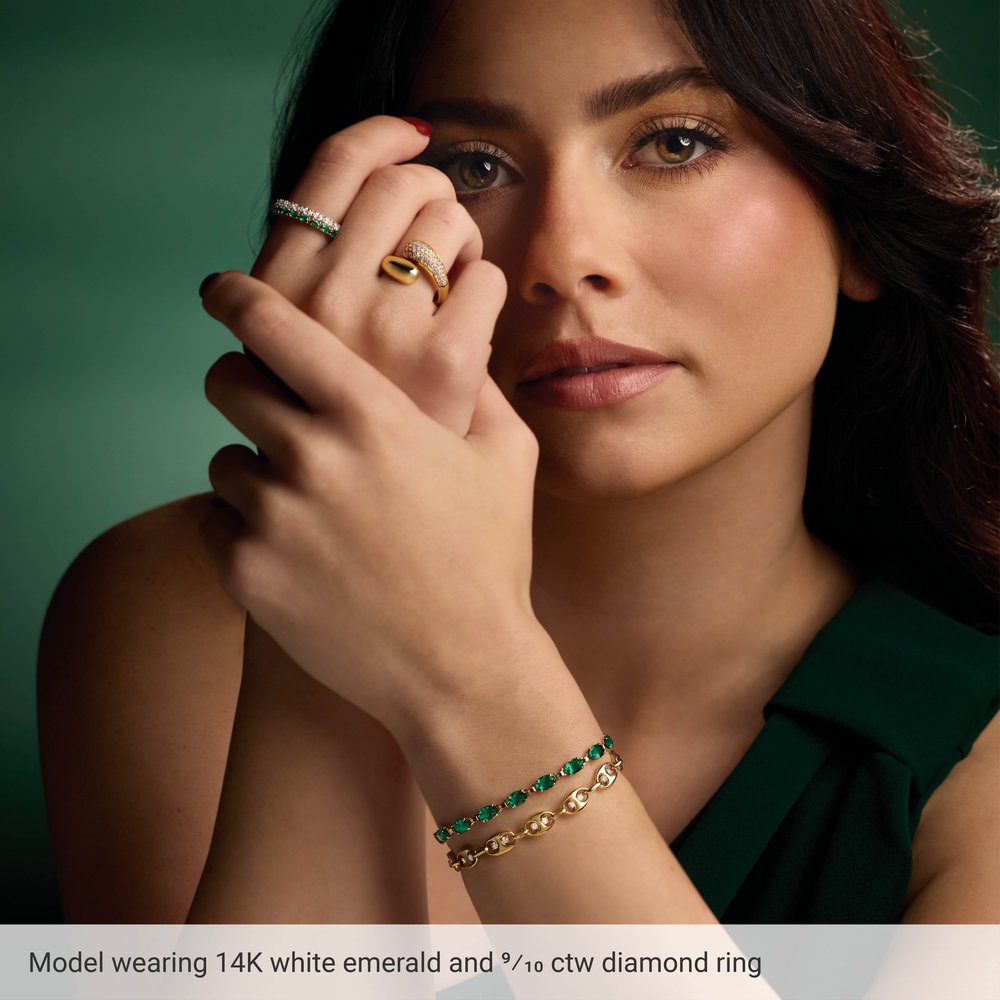 14K White Lab-Grown Emerald & 9/10 CTW Lab-Grown Diamond Ring