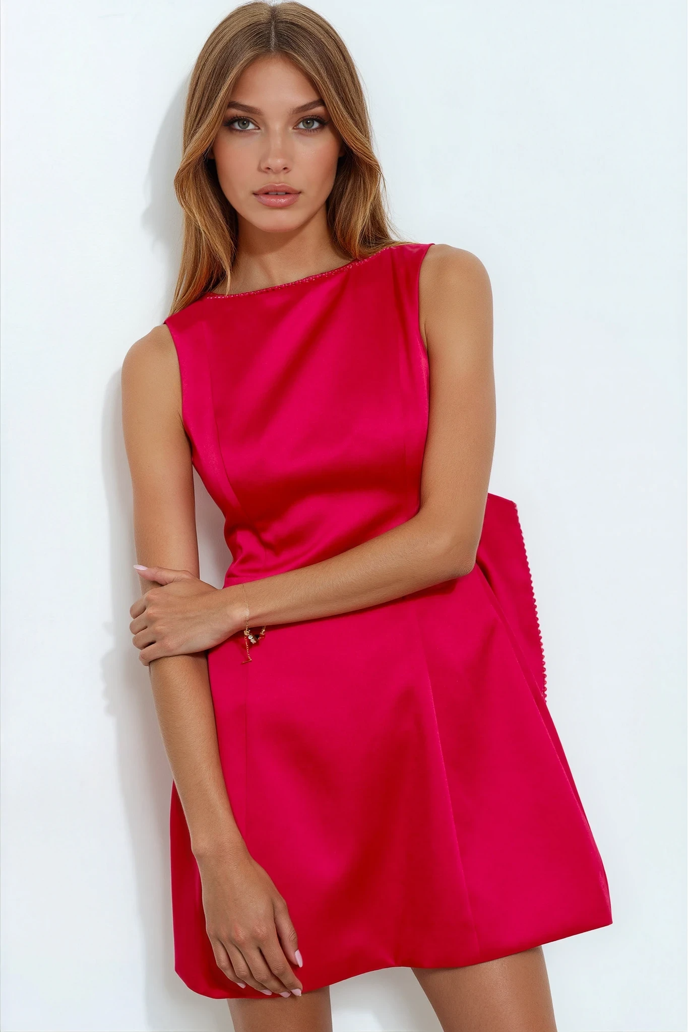 Satin Open Back Bow Mini Dress L Satin Open Back Bow Mini Dress L