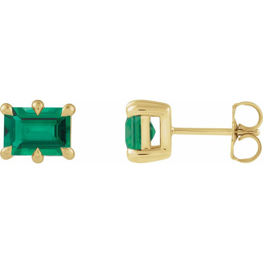 14K Yellow 6x4 mm Lab-Grown Emerald Stud Earrings