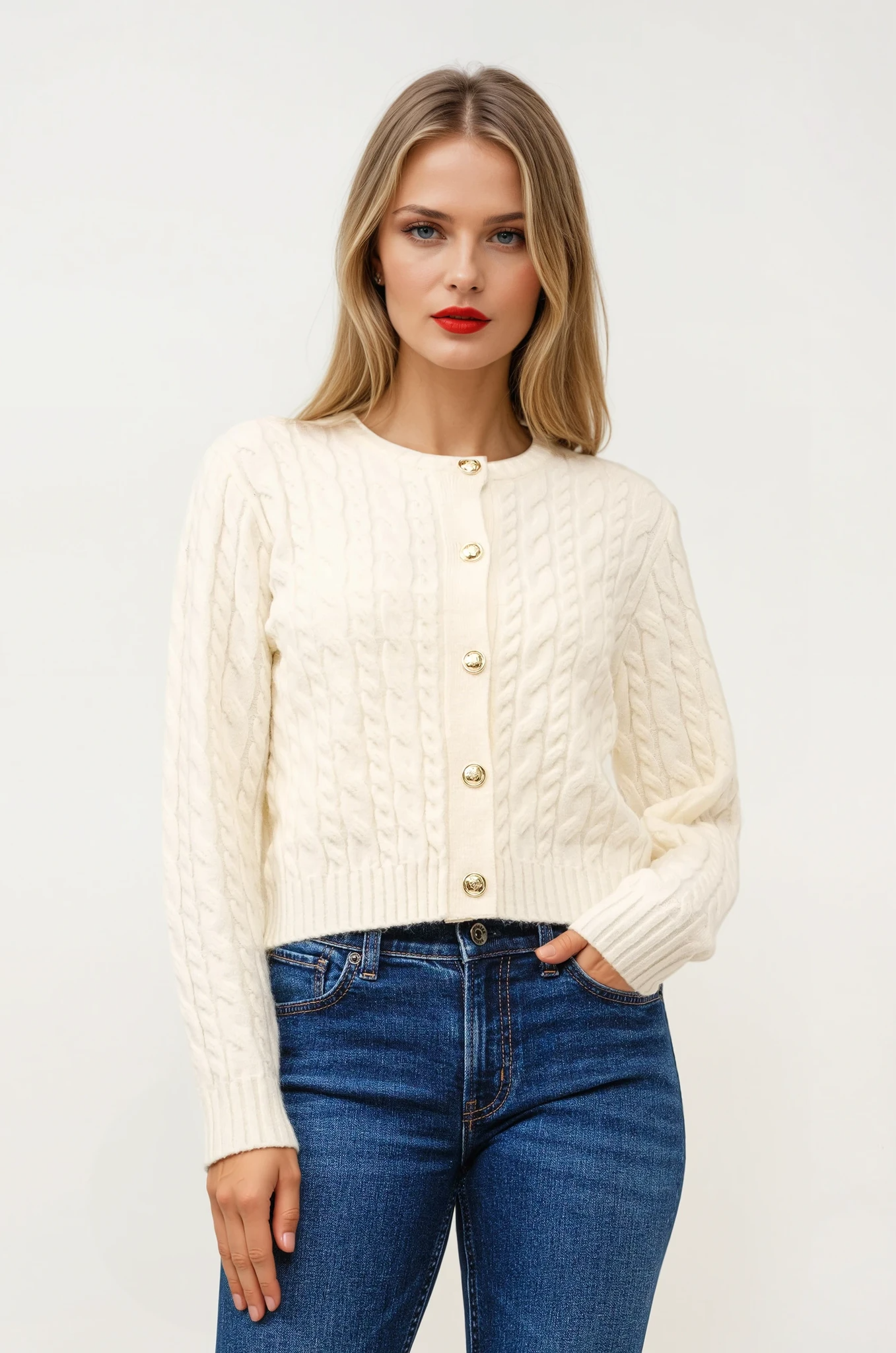 ROUND NECK CABLE CARDIGAN