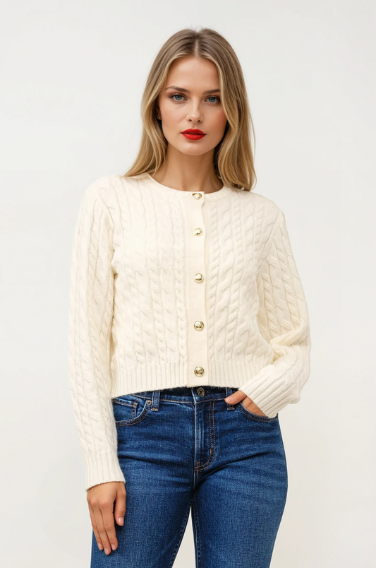 ROUND NECK CABLE CARDIGAN