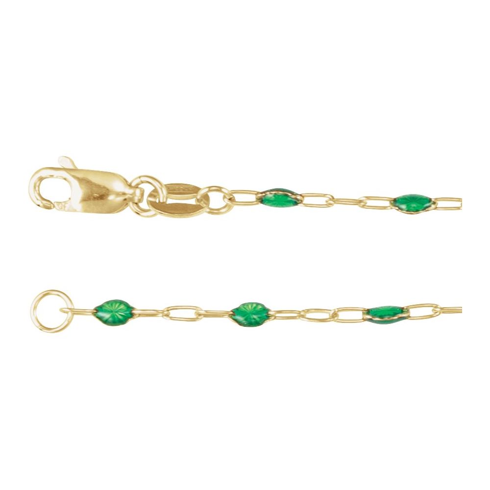 14K Yellow Gold-Filled 1.6 mm Green Enamel Bead Paperclip-Style 16" Chain