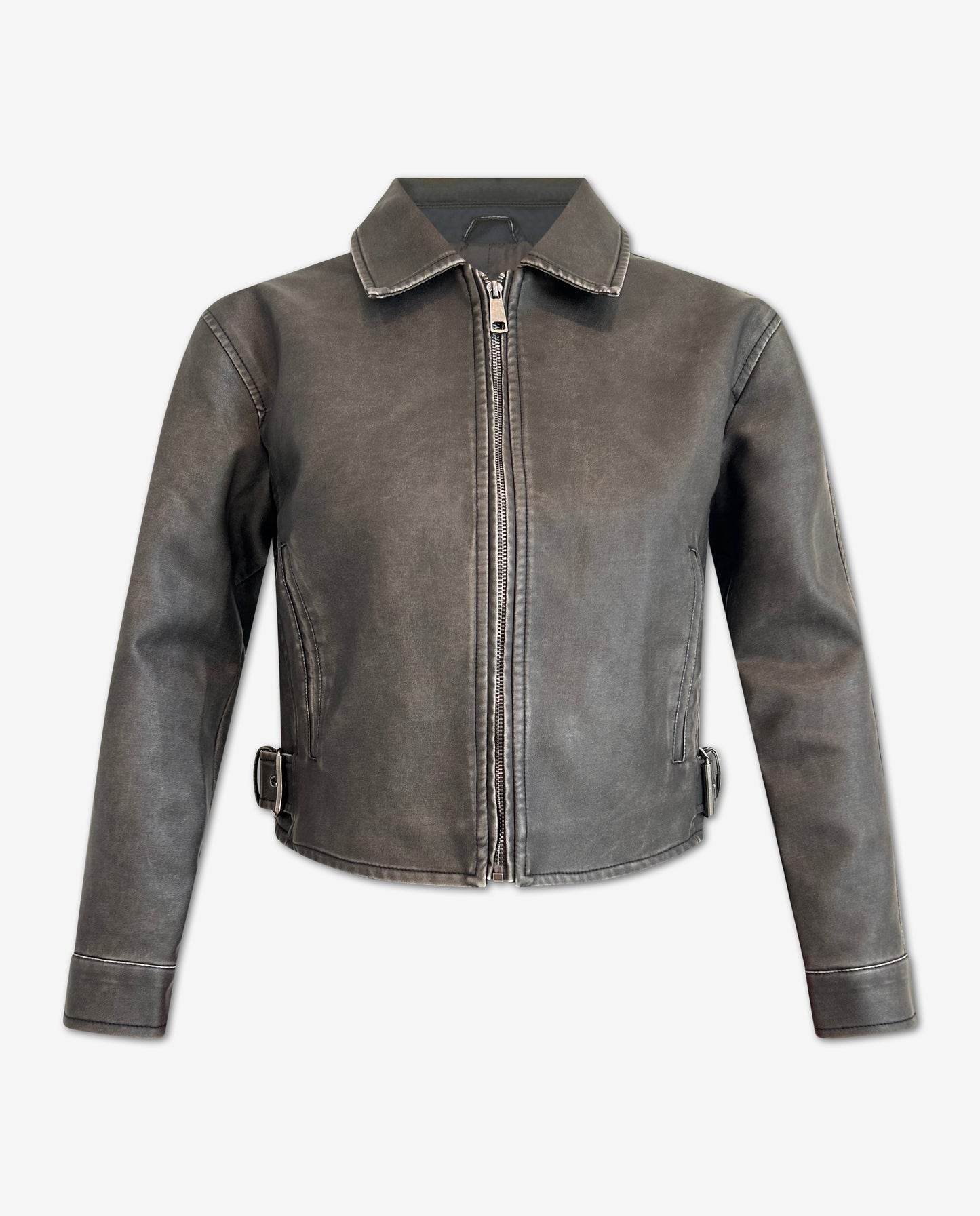 FAUX LEATHER ZIP-UP FADED JACKET