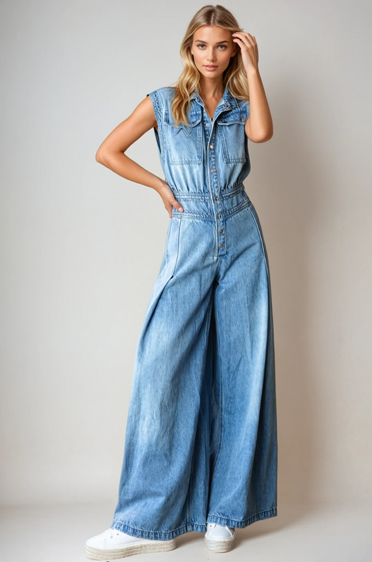 DENIM SLEEVELESS JUMPSUIT