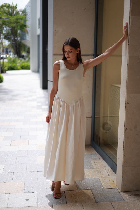 RIBBED KNIT COTTON FLARE MAXI DRESS