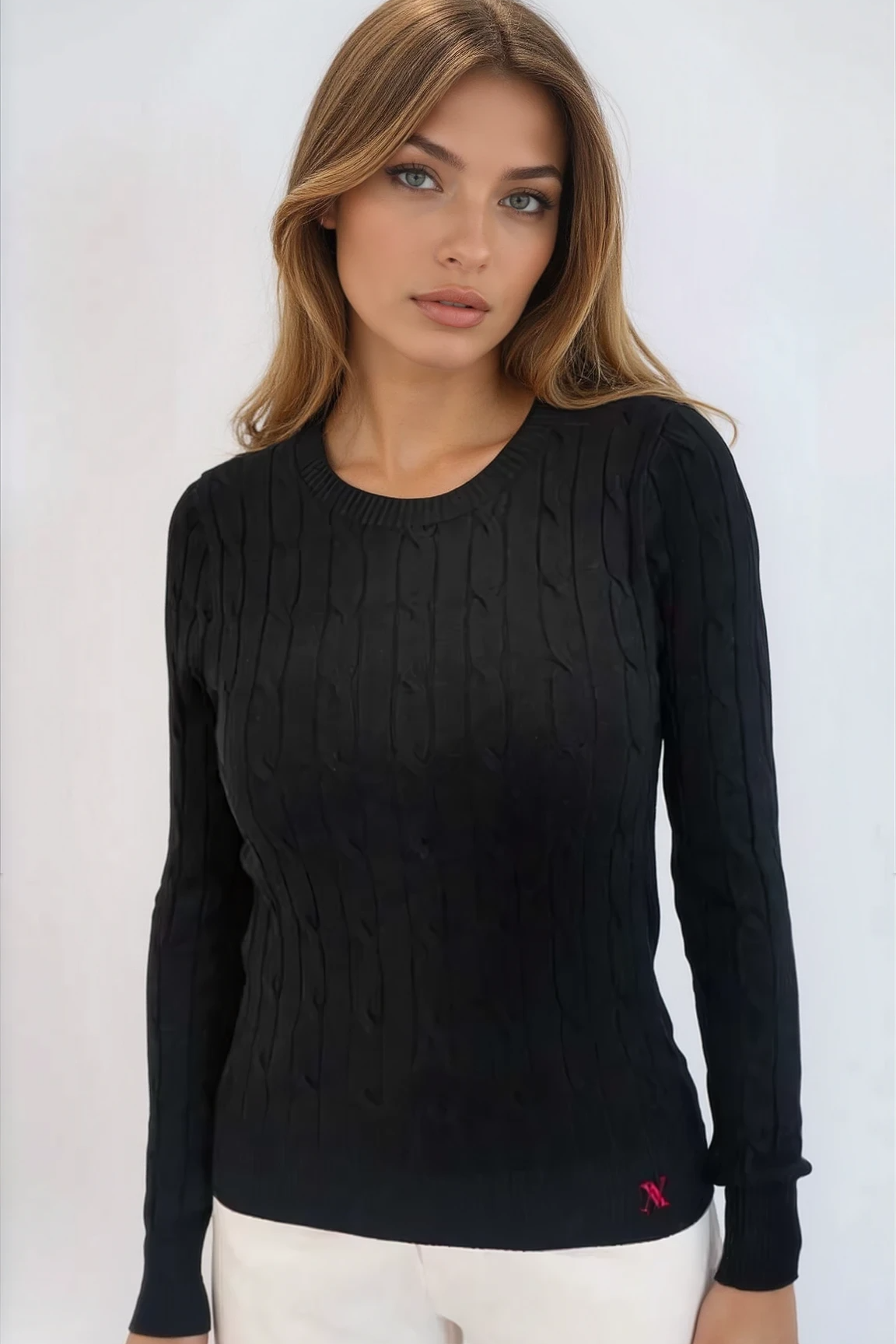 Cable Knit Cotton Crewneck Sweater