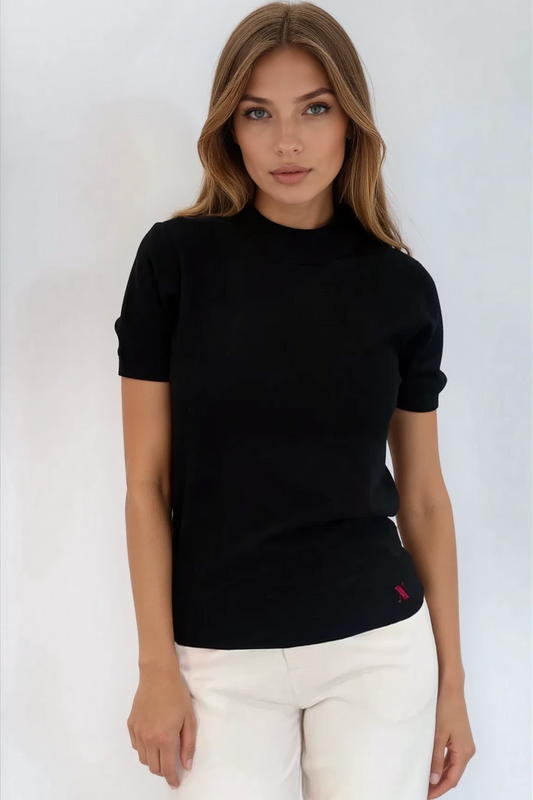 Mock Neck Short Sleeve Knit Top