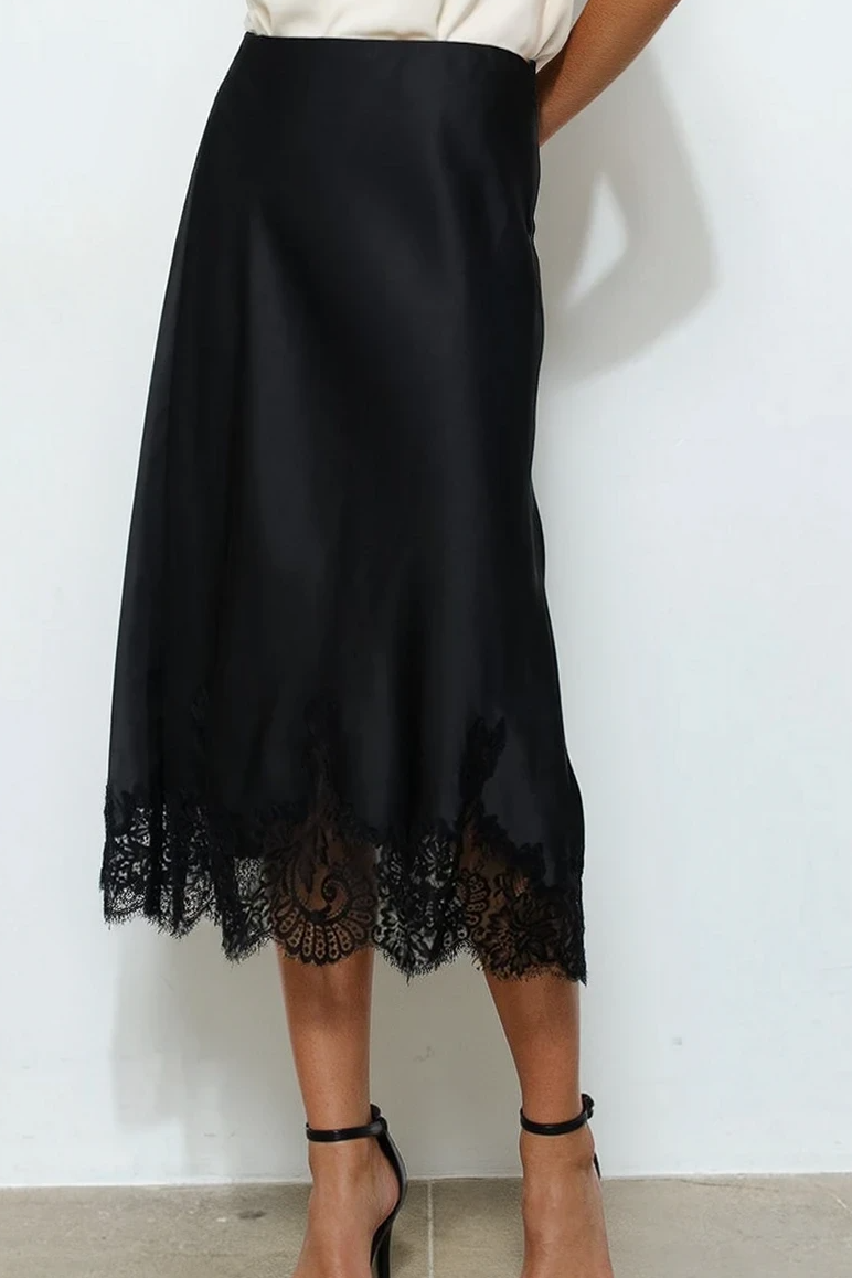 Satin Midi Skirt with Lace Detail