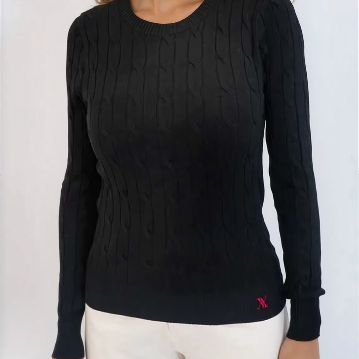 Cable Knit Cotton Crewneck Sweater