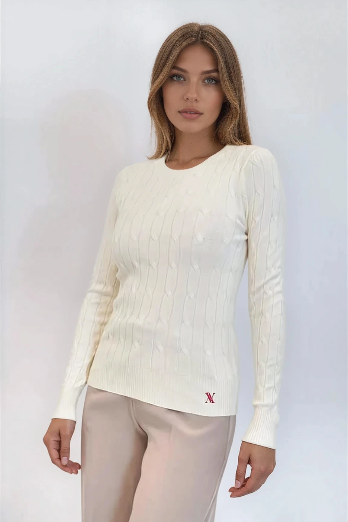 Cable Knit Cotton Crewneck Sweater