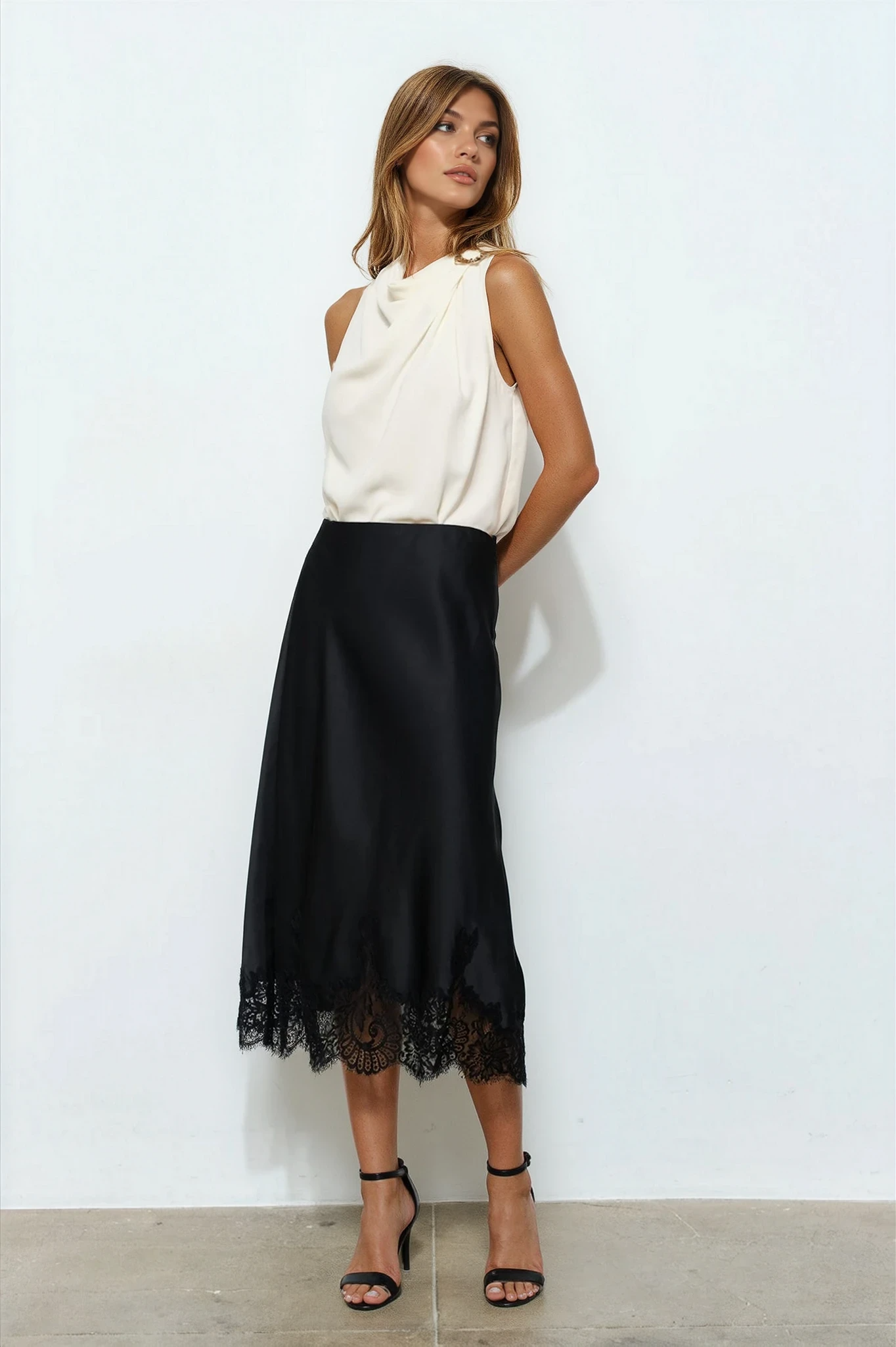 Satin Midi Skirt with Lace Detail