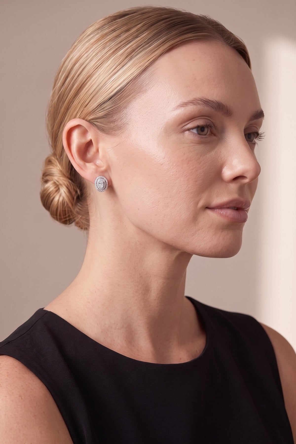 Oval Double Halo Pavé Stud Earrings on model