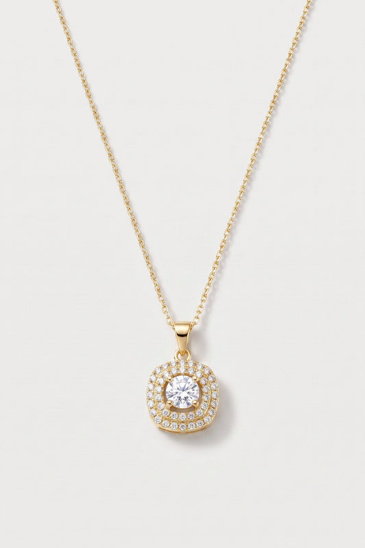 Round Cushion Double Halo Pendant Necklace