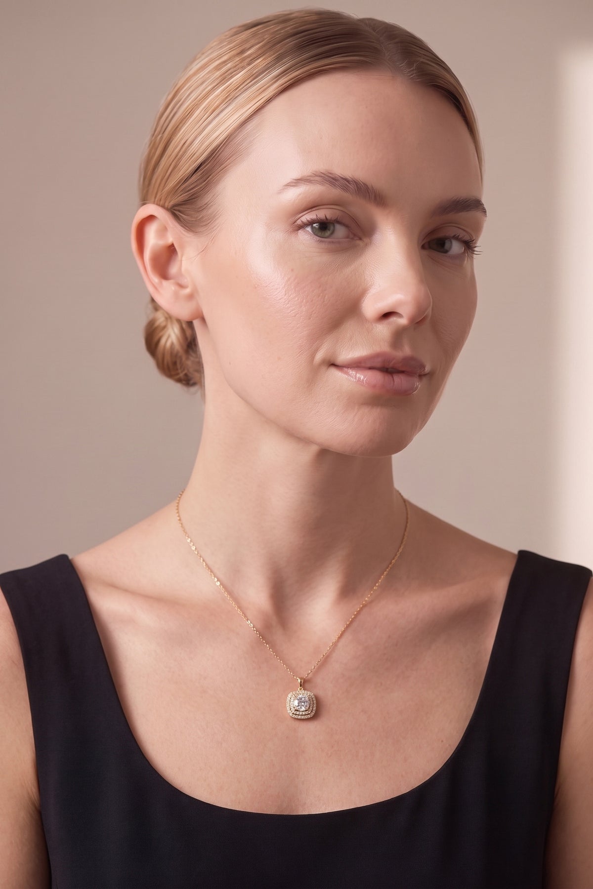 Round Cushion Double Halo Pendant Necklace on model