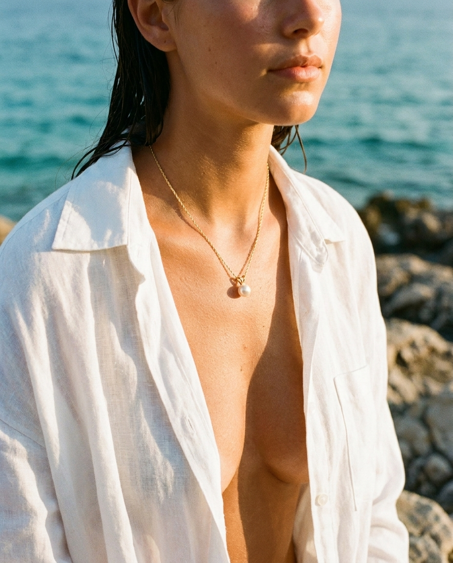 Solitaire Akoya Pendant 14K Gold worn with white linen, coastal editorial