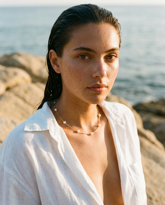 Constellation Pearl Necklace 14K Gold worn at golden hour, coastal editorial