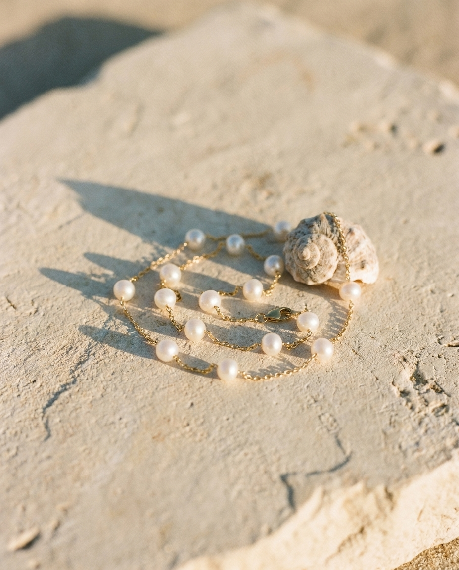 Constellation Pearl Necklace 14K Gold editorial still life on limestone