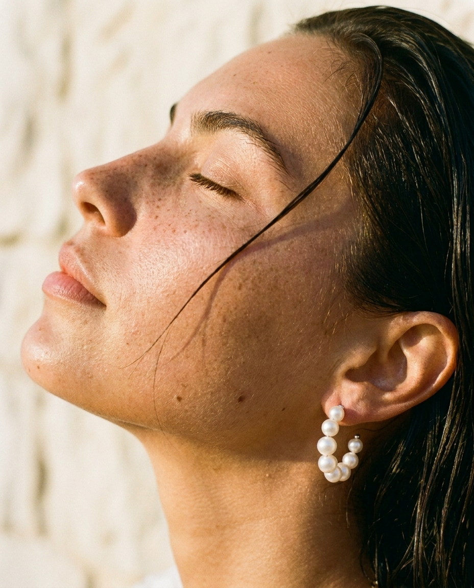 Sirène Pearl Hoops Sterling Silver worn in profile, sculptural editorial