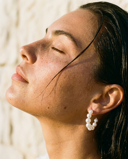 Sirène Pearl Hoops Sterling Silver worn in profile, sculptural editorial