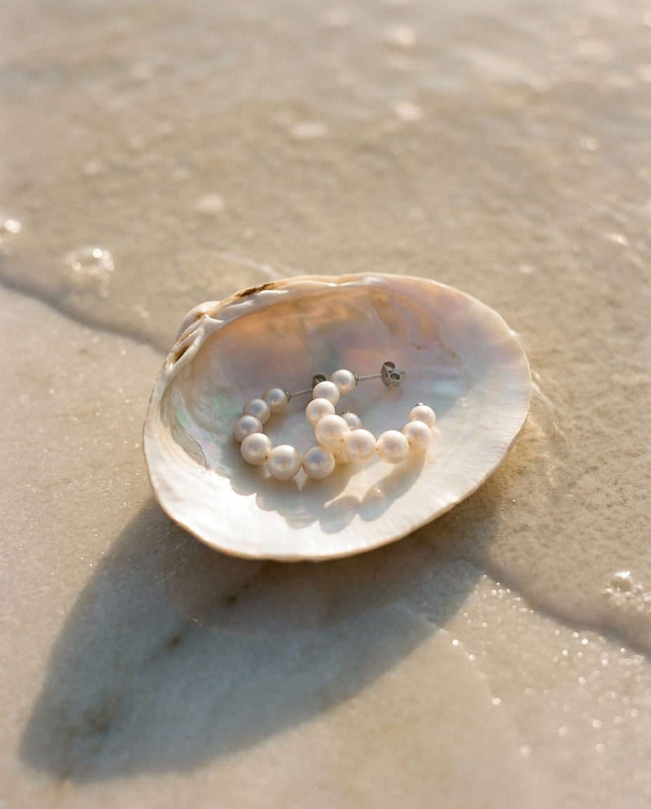 Sirène Pearl Hoops editorial still life in seashell at the shore