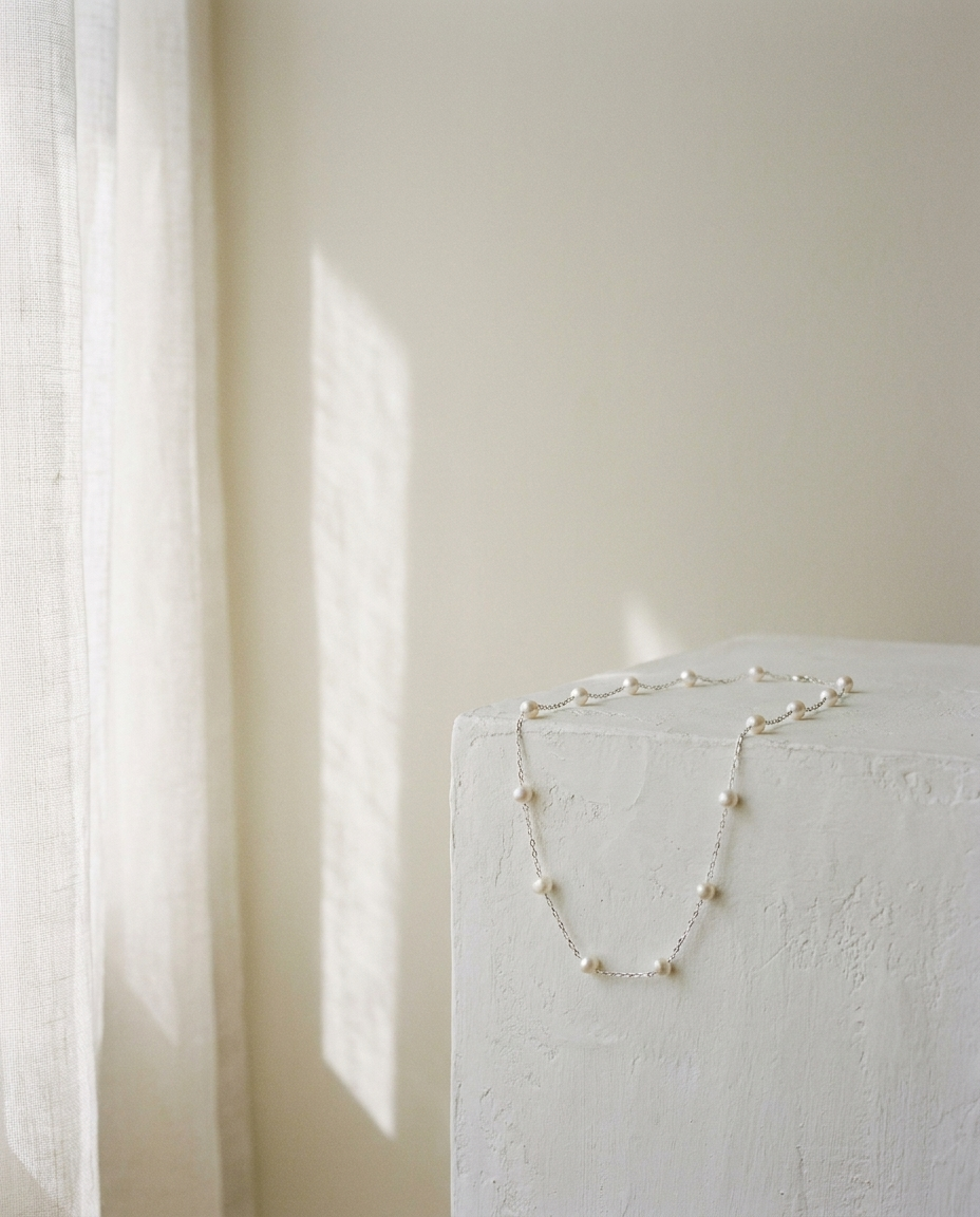 Constellation Pearl Necklace Sterling Silver editorial still life
