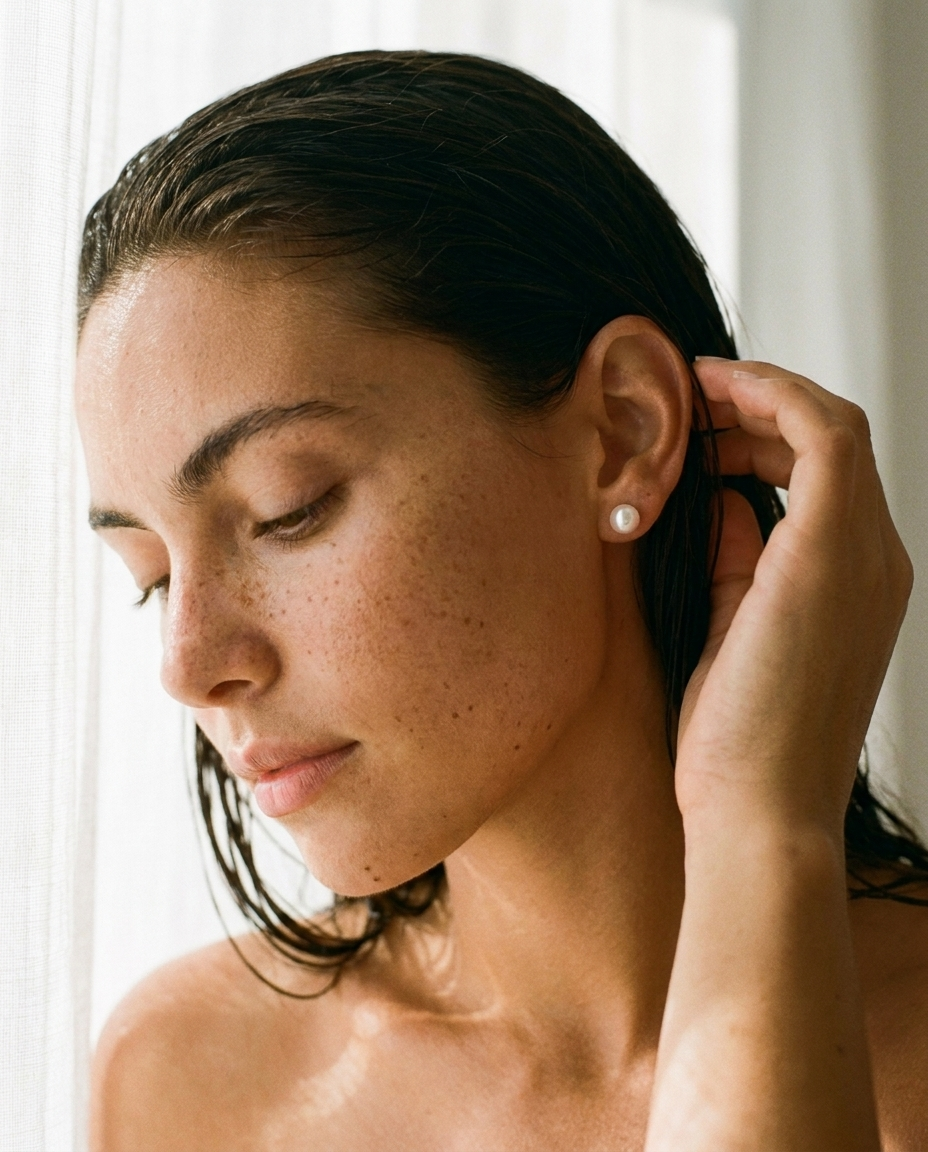 Lune Pearl Studs 14K Gold worn, intimate morning light editorial