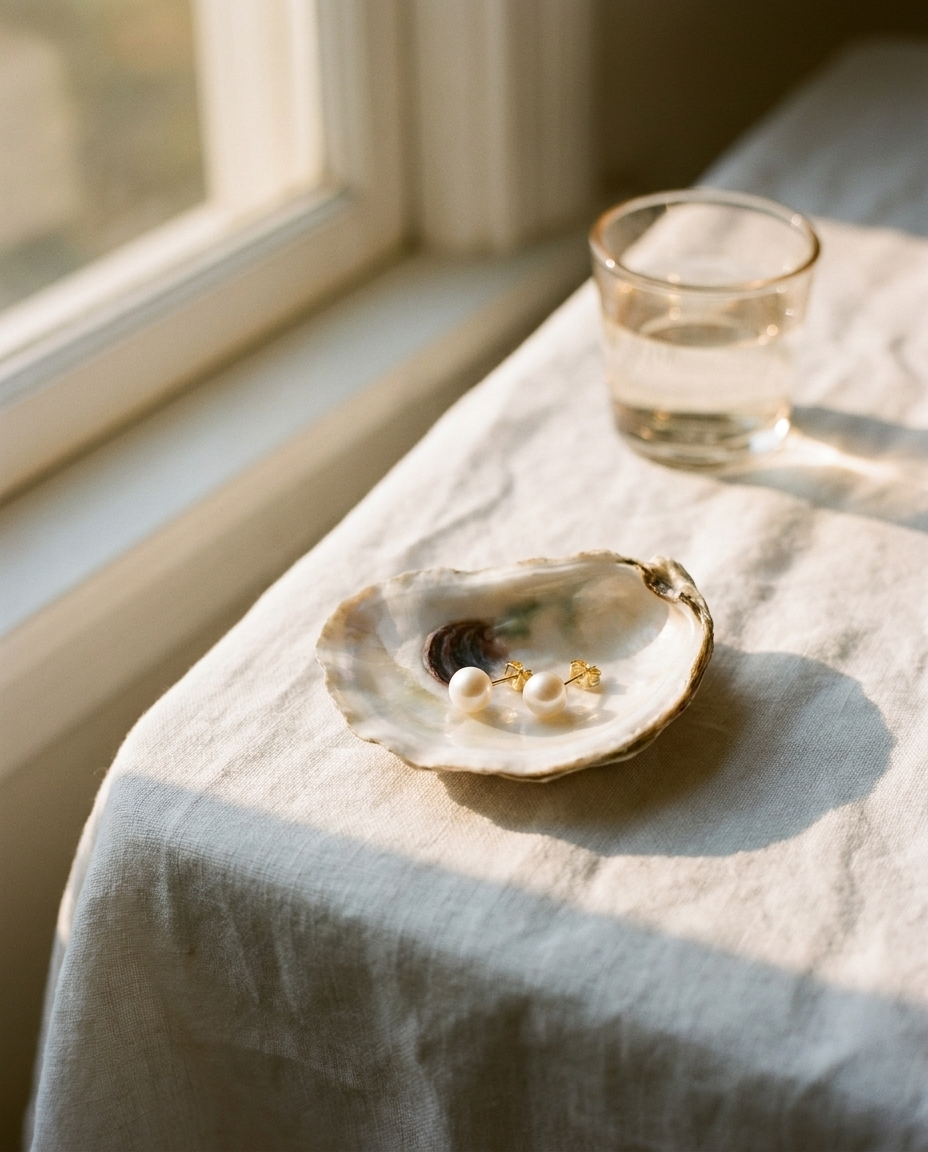 Lune Pearl Studs 14K Gold editorial still life in oyster shell