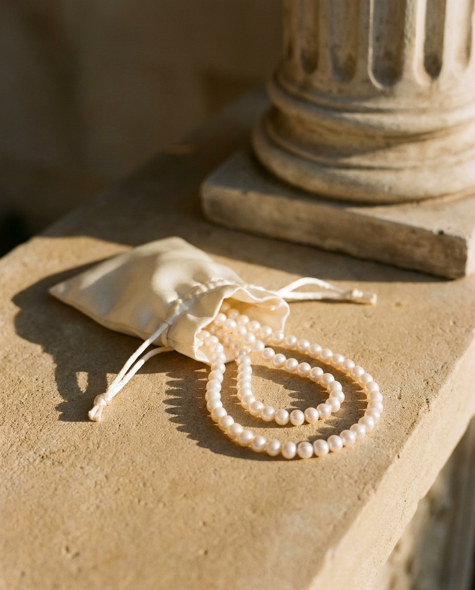 The Classic Strand 14K Gold editorial still life with silk pouch