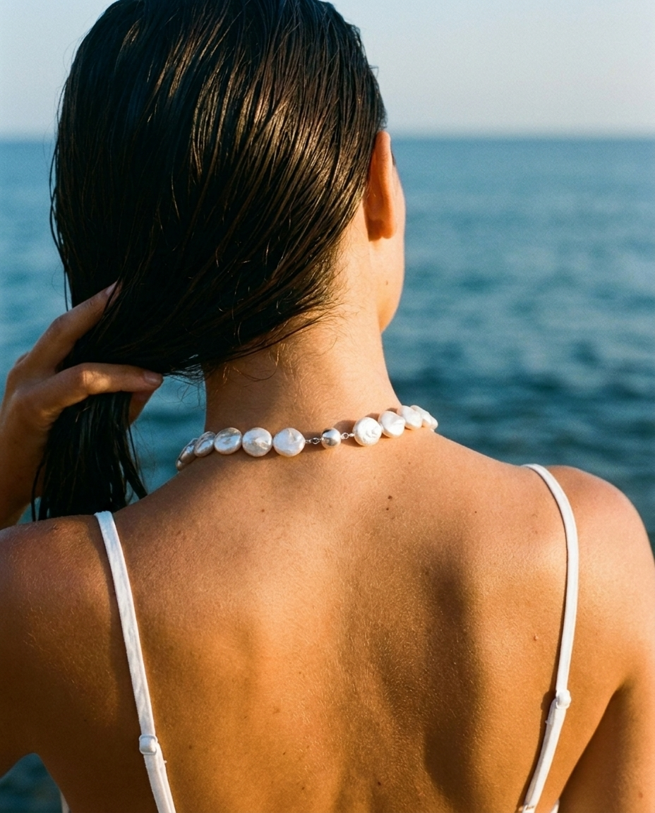 Pleine Lune Coin Pearl Necklace Sterling Silver worn, nape view by the sea