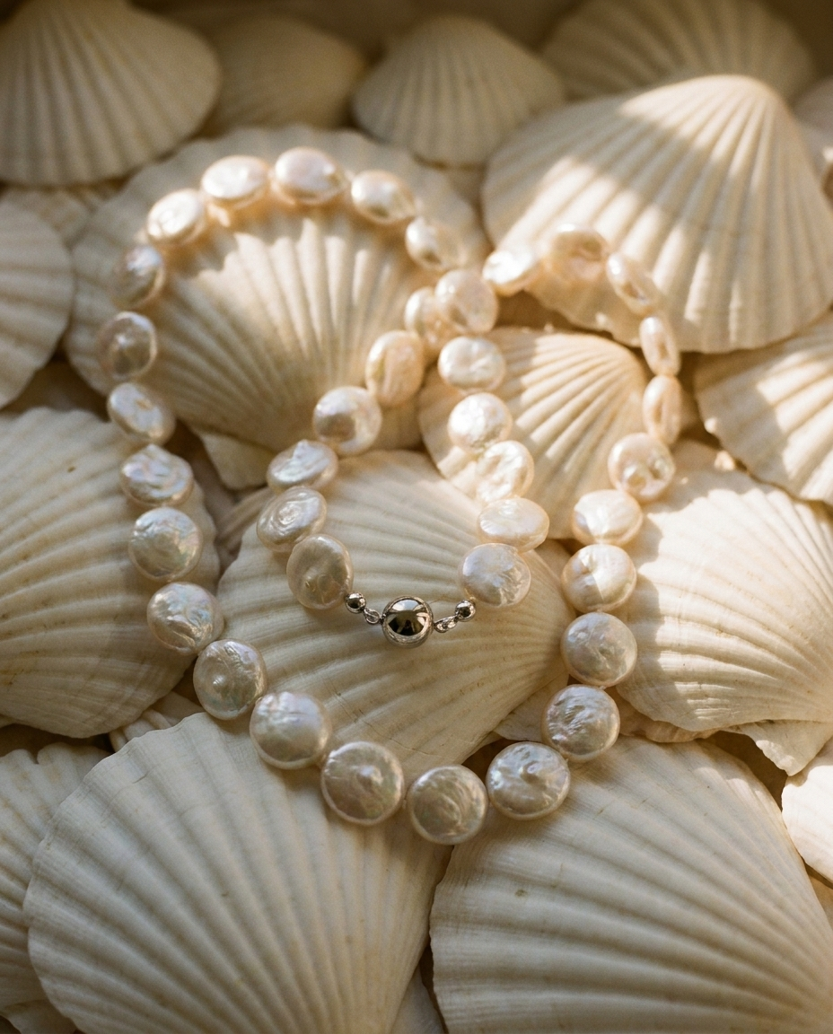 Pleine Lune Coin Pearl Necklace editorial still life on scallop shells