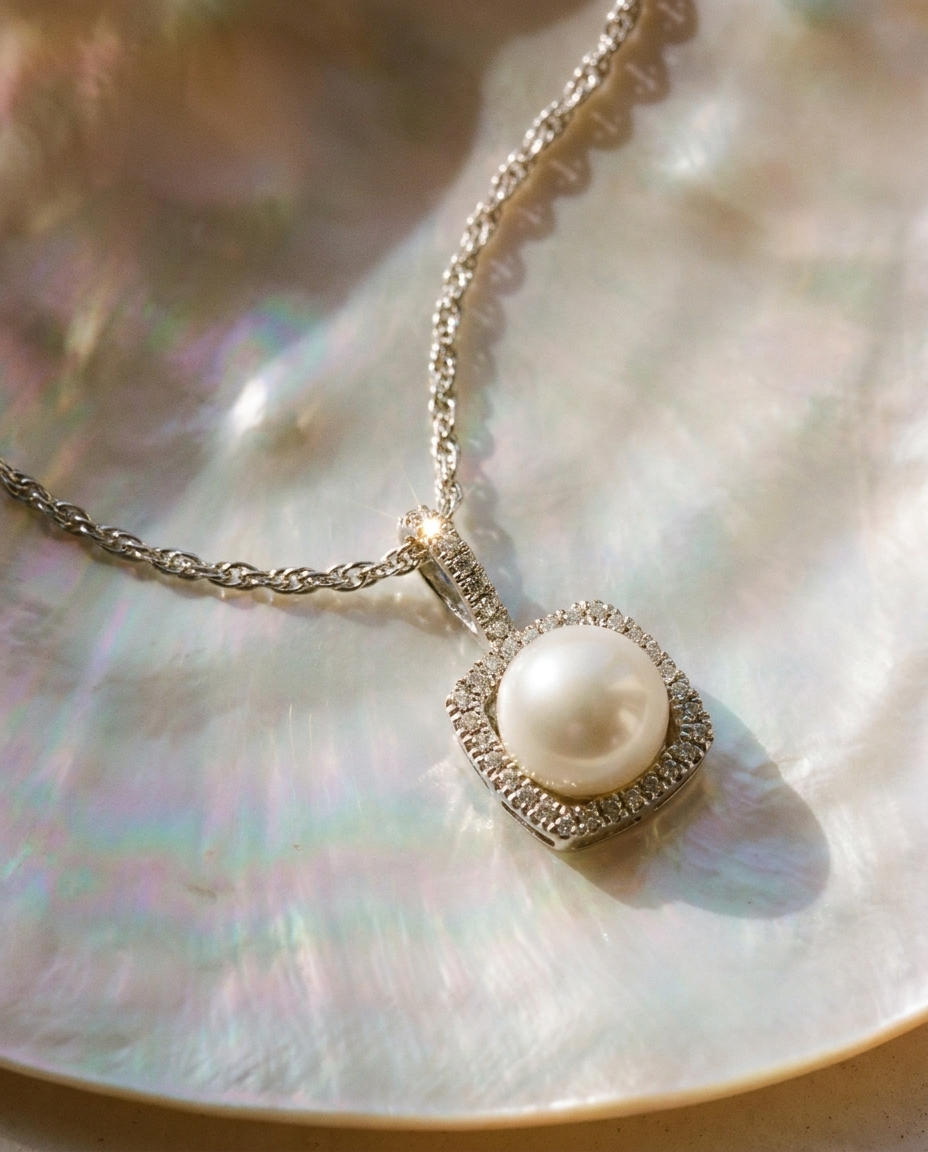 Stella Pearl & Diamond Pendant editorial still life on mother-of-pearl