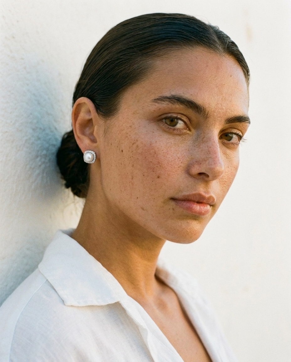 Stella Pearl & Diamond Studs Sterling Silver worn, portrait editorial
