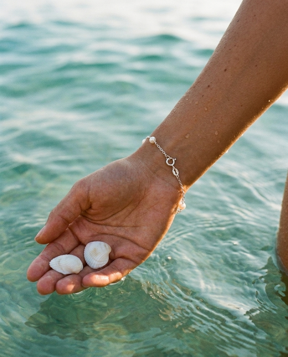 Céleste Pearl Bracelet Sterling Silver worn, hand over sea water editorial