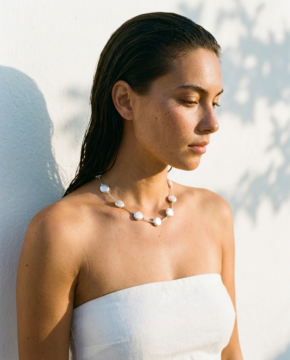 Demi-Lune Coin Pearl Necklace Sterling Silver worn, whitewashed wall editorial