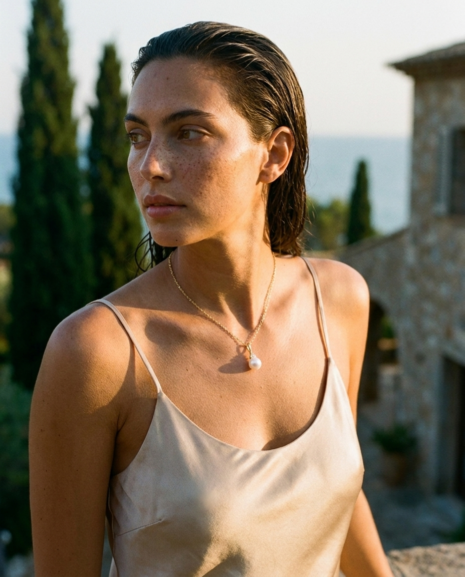 Aurore Pearl & Diamond Necklace 14K Gold worn at golden hour, terrace editorial