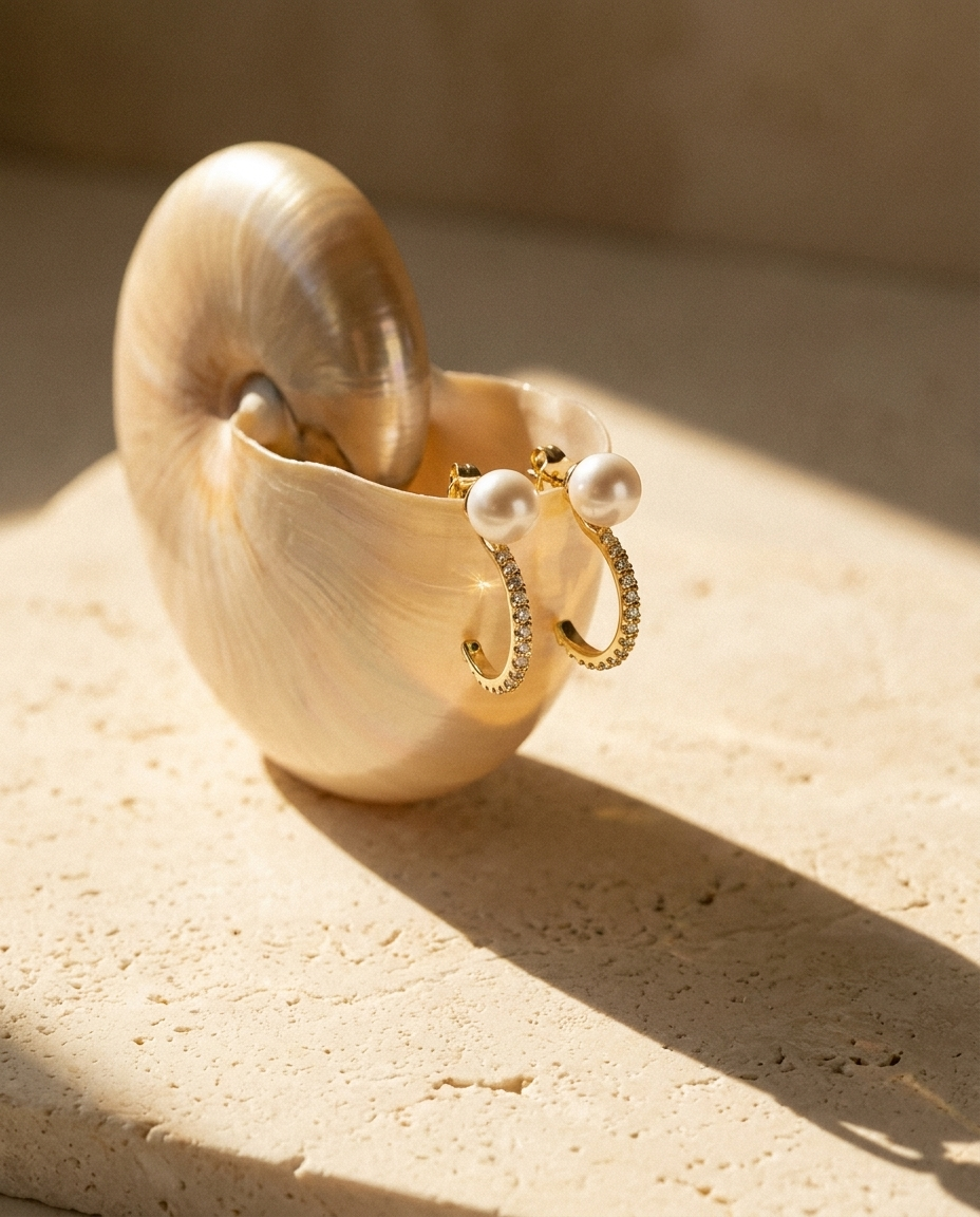 Aurore Pearl & Diamond Hoops editorial still life on nautilus shell