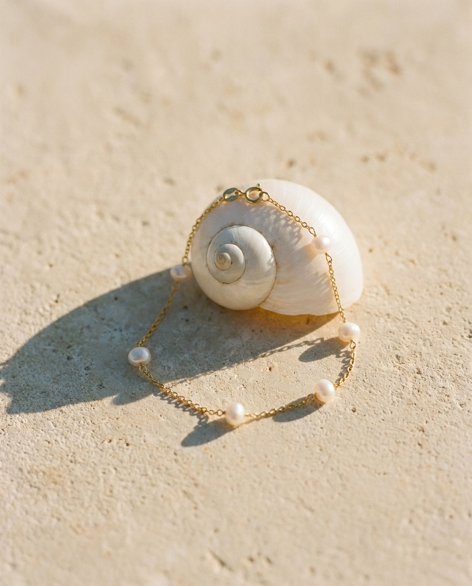 Céleste Pearl Bracelet 14K Gold editorial still life on nautilus shell