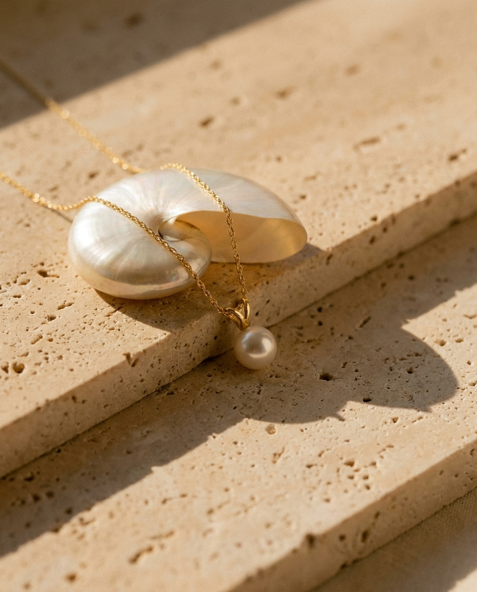 Solitaire Akoya Pendant 14K Gold editorial still life on nautilus shell