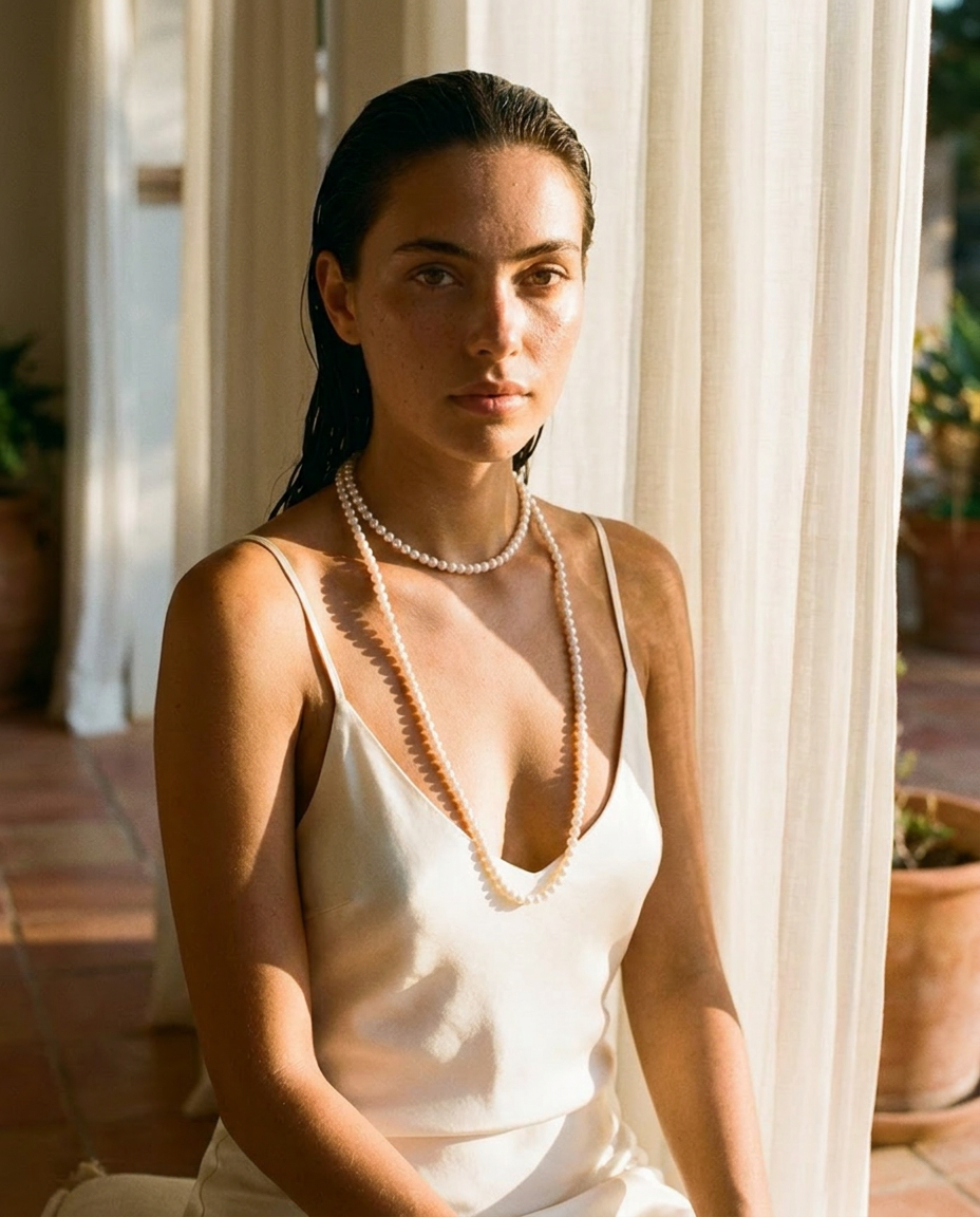 The Opera Strand worn doubled in ivory silk, villa editorial