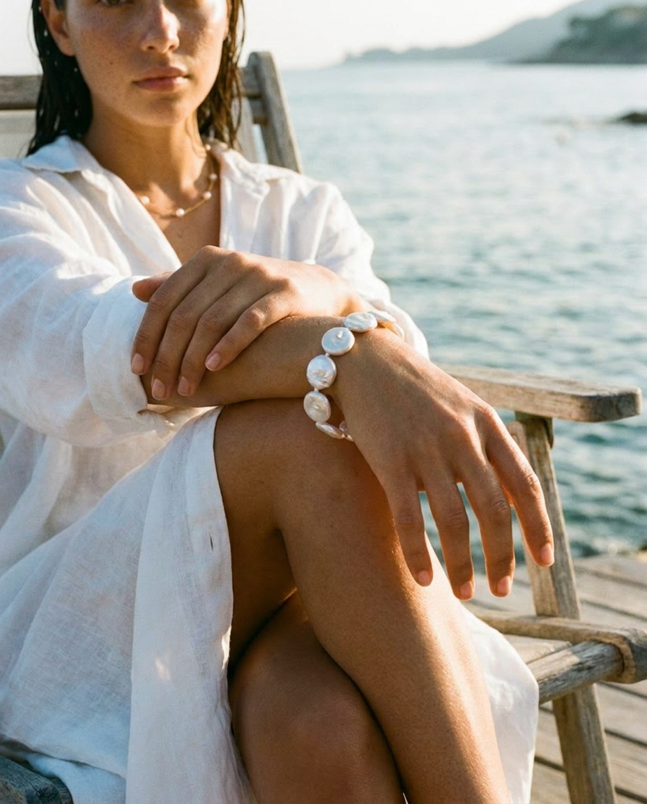 Pleine Lune Coin Pearl Bracelet Sterling Silver worn seaside, editorial