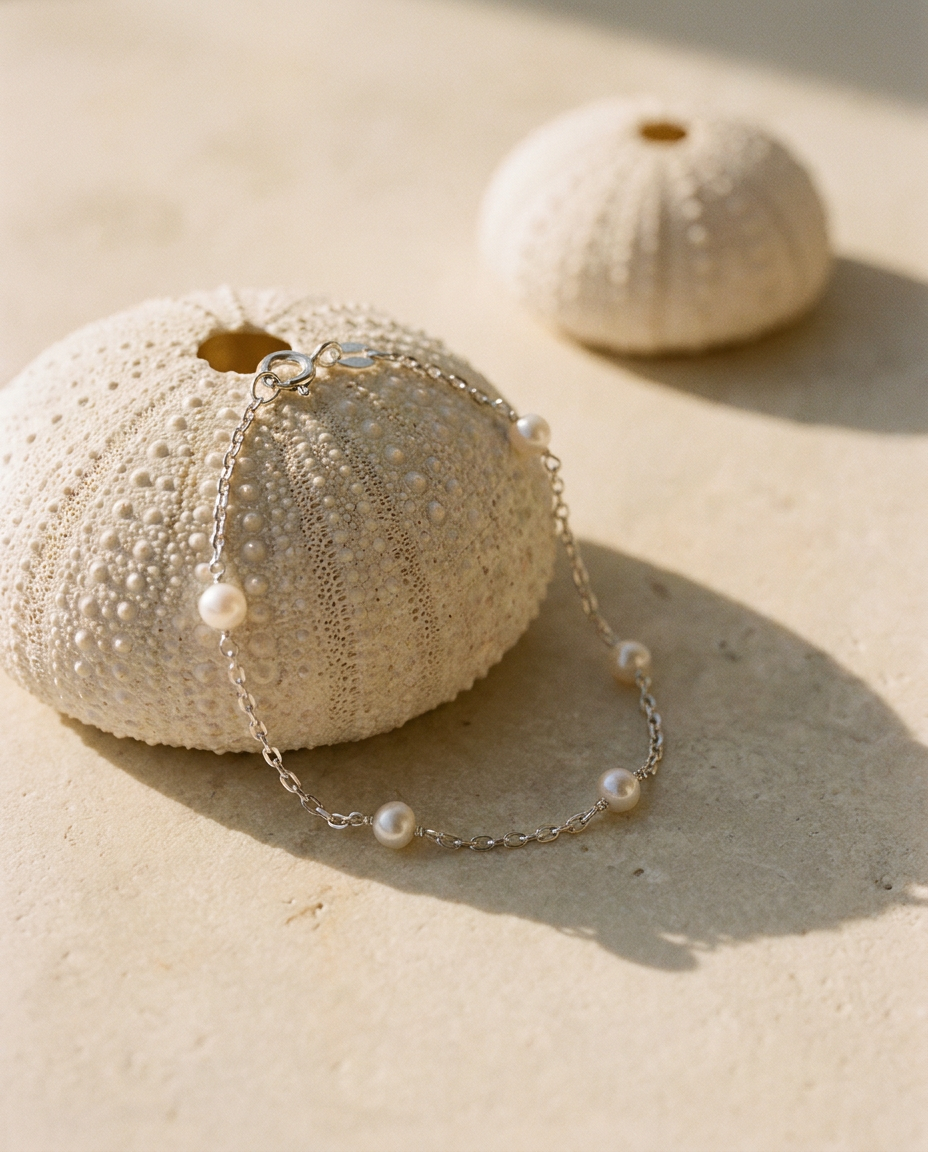 Céleste Pearl Bracelet Sterling Silver editorial still life on sea urchin shell