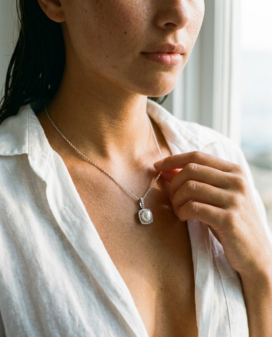 Stella Pearl & Diamond Pendant Sterling Silver worn, window light editorial