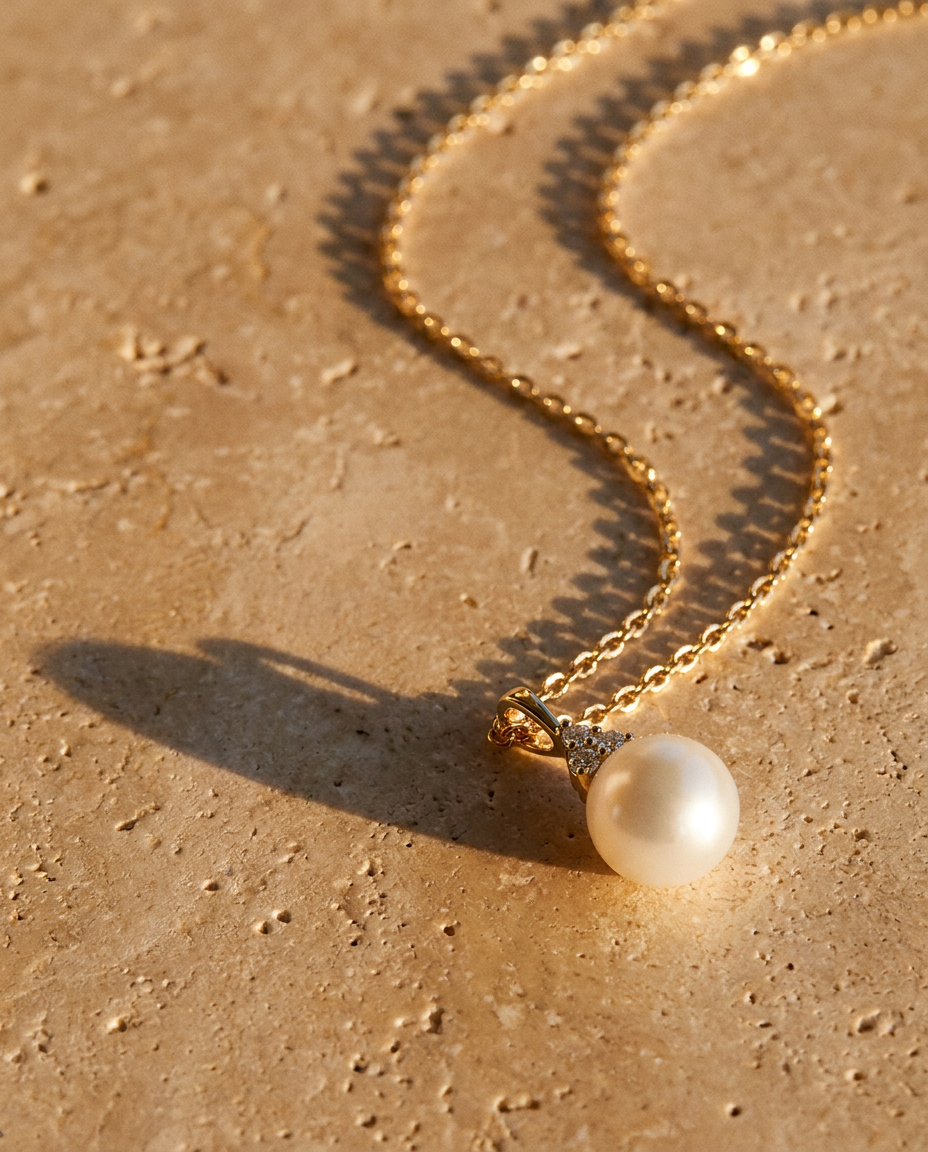 Aurore Pearl & Diamond Necklace editorial still life on travertine at dusk