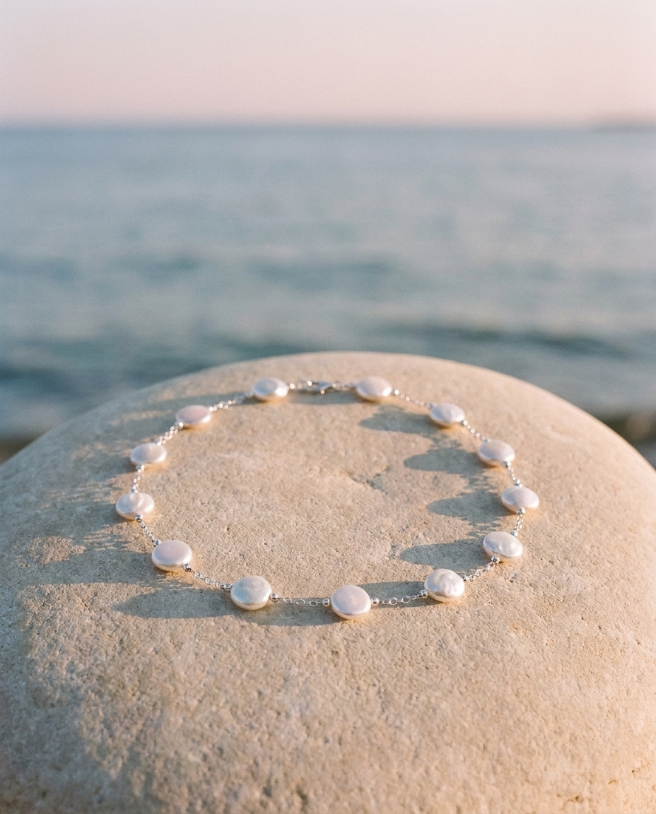 Demi-Lune Coin Pearl Necklace editorial still life on beach stone at dusk