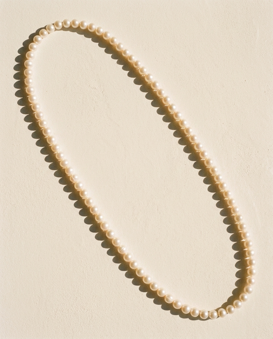 The Opera Strand editorial still life, single closed loop of pearls