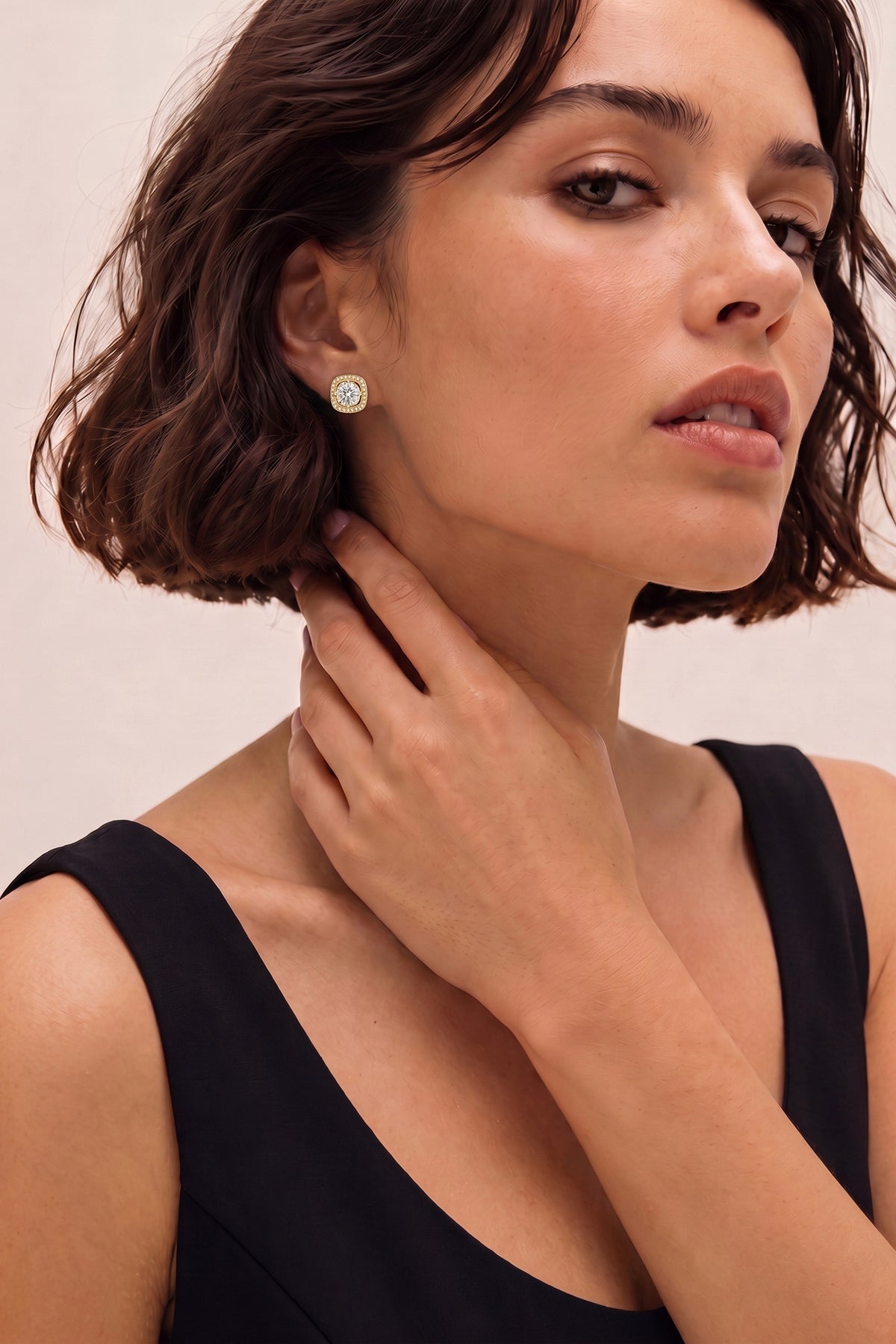 Round Cushion Double Halo Stud Earrings on model